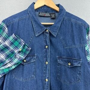 VTG Citicraze Denim Mixed Media Plaid Long Sleeve Flannel Shirt Women 2XL 90s